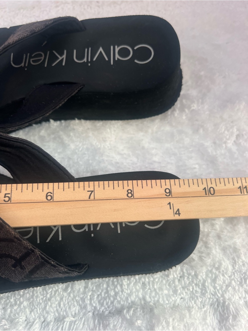Calvin Klein Black Footbed Flip Flops with Brown Patterned Straps - Picture 6 of 6